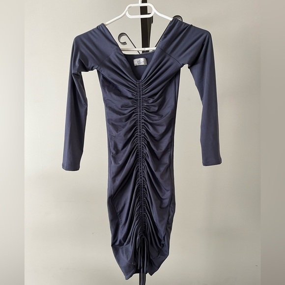 Oh Polly Dresses & Skirts - Oh Polly Get Down Tonight Ruche Bardot Mini Dress in Midnight Blue, Size 0.
